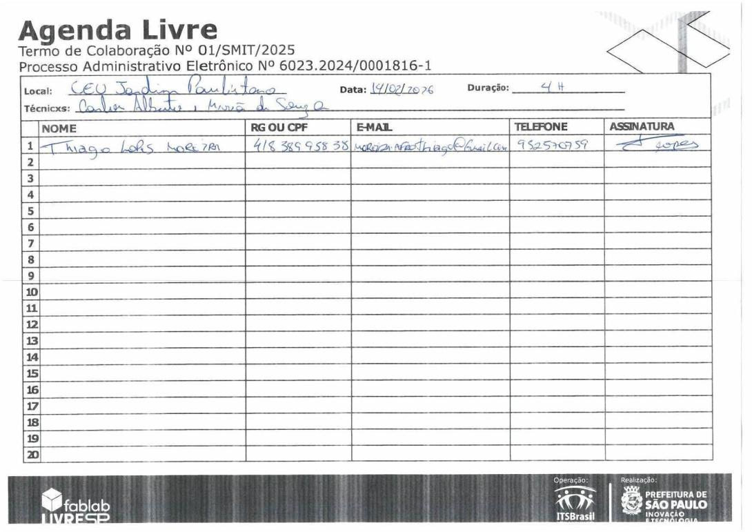 Lista de Agenda Livre 14/02/2026