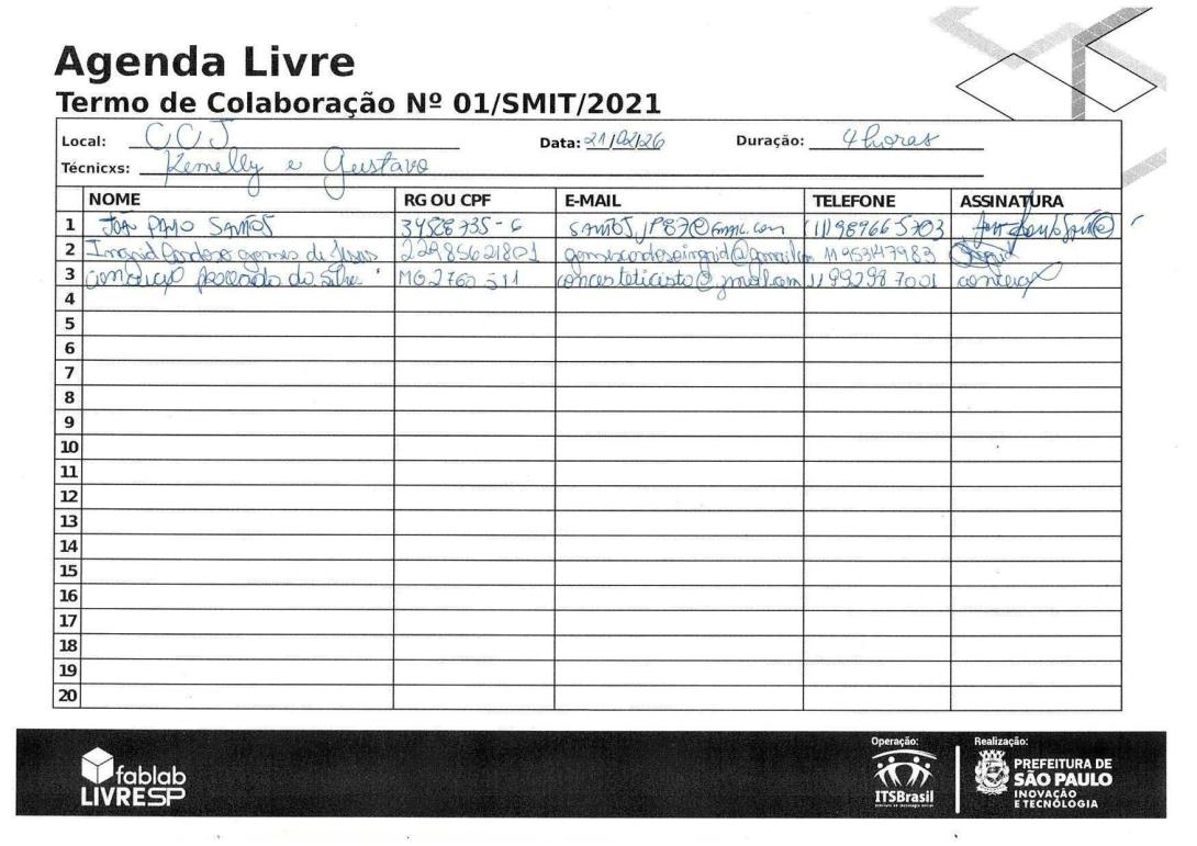 Lista de presença do FABLAB CCJ 21/02