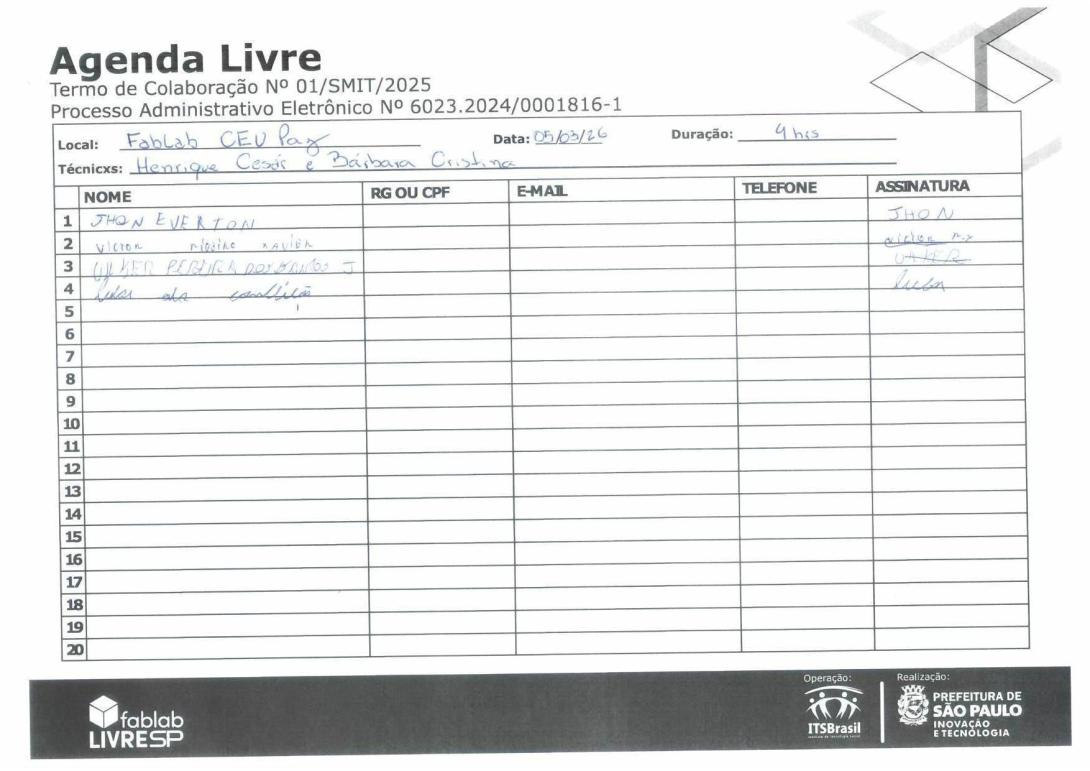 Lista de presença com a assinatura dos munícipes que participaram da Agenda Livre