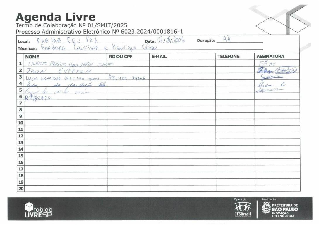 Lista de presença com a assinatura dos munícipes que participaram da Agenda Livre
